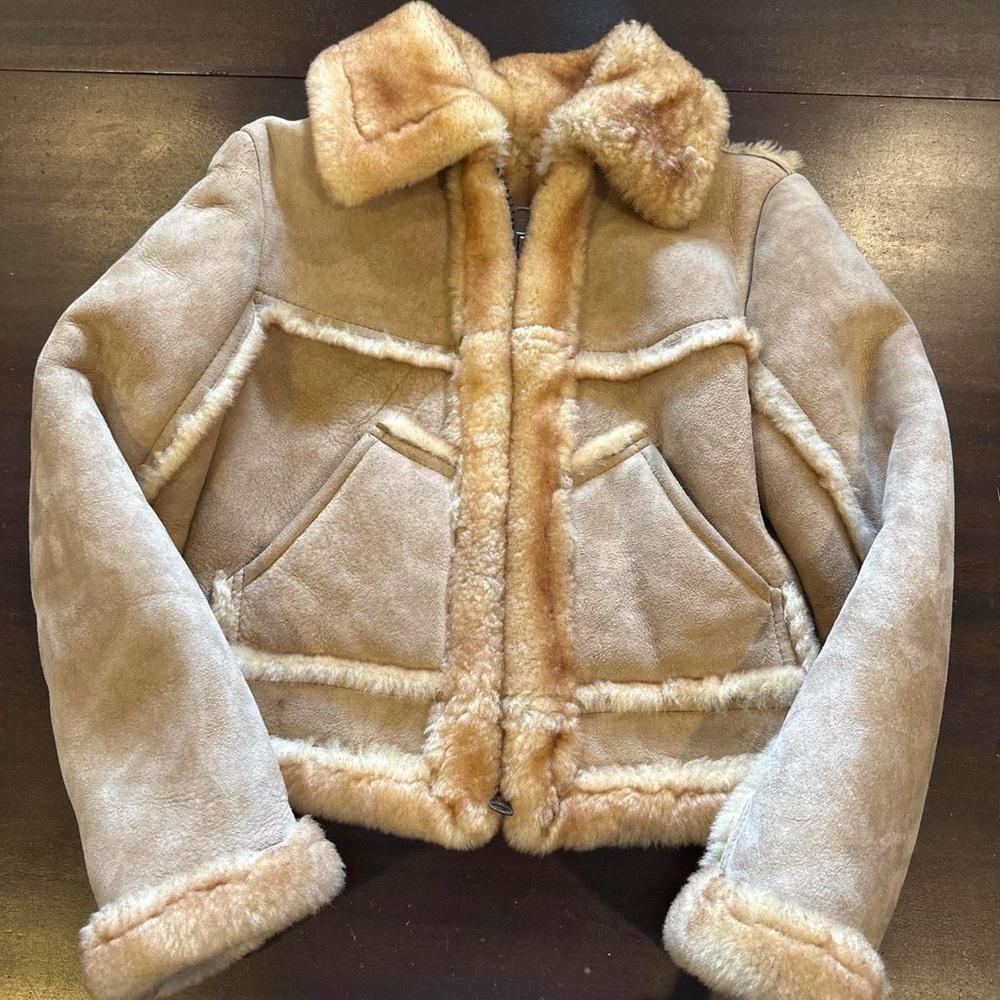 Shearling Trim Suede Jacket in Beige-Tan